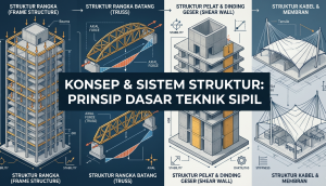 Diagram komprehensif sistem struktur bangunan gedung mencakup rangka frame, rangka batang truss, dinding geser shear wall, dan kabel membran untuk analisis teknik sipil.