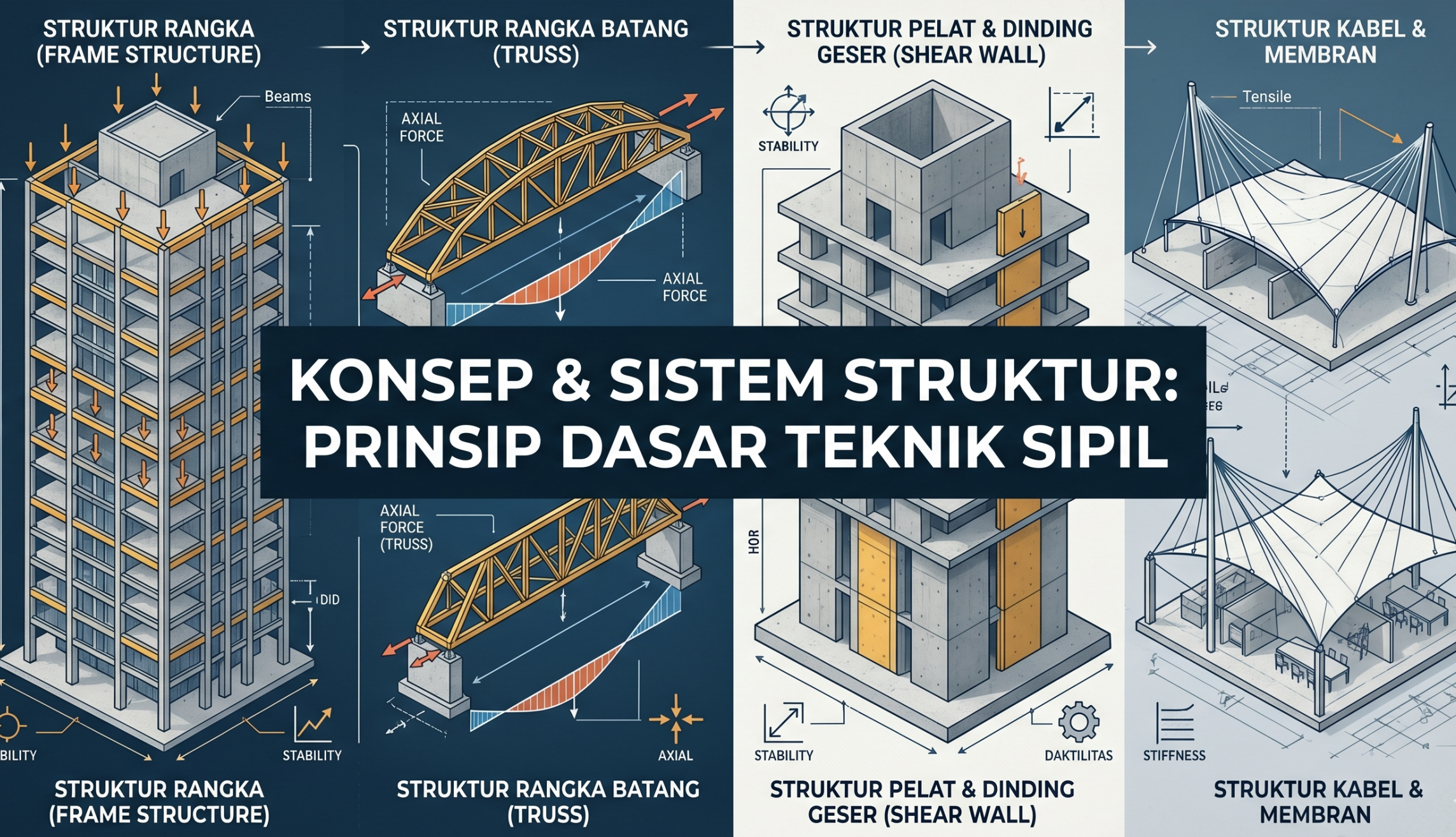 Diagram komprehensif sistem struktur bangunan gedung mencakup rangka frame, rangka batang truss, dinding geser shear wall, dan kabel membran untuk analisis teknik sipil.