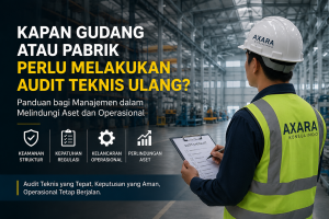Audit teknis gudang dan pabrik oleh tim engineer untuk memastikan keamanan struktur, kepatuhan bangunan, dan keberlangsungan operasional industri.