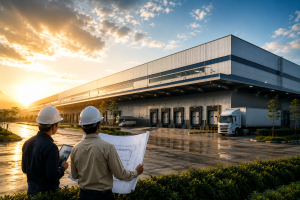Engineer melakukan audit teknis gudang industri menggunakan blueprint dan tablet untuk memastikan kepatuhan bangunan serta kesiapan operasional.